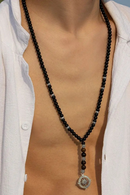 Black Beaded Chain Compass Long Pendant Necklace for Men Beads Tassels Collar on the Neck Male