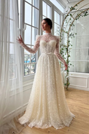 Customized Appliques Mesh Sleeves Tiered Ruffle A-line Wedding Dress Floor-Length