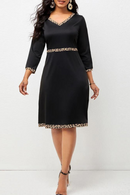 Simple Sleeve Autumn Women Dress Sexy V-neck Solid Elegant Ladies Leopard Midi