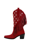 Women Pointed Toe Pull-on Knee High Fringe Cowgirl Boots Comfy Pull On Rhinestone Mid Calf Western Boots
