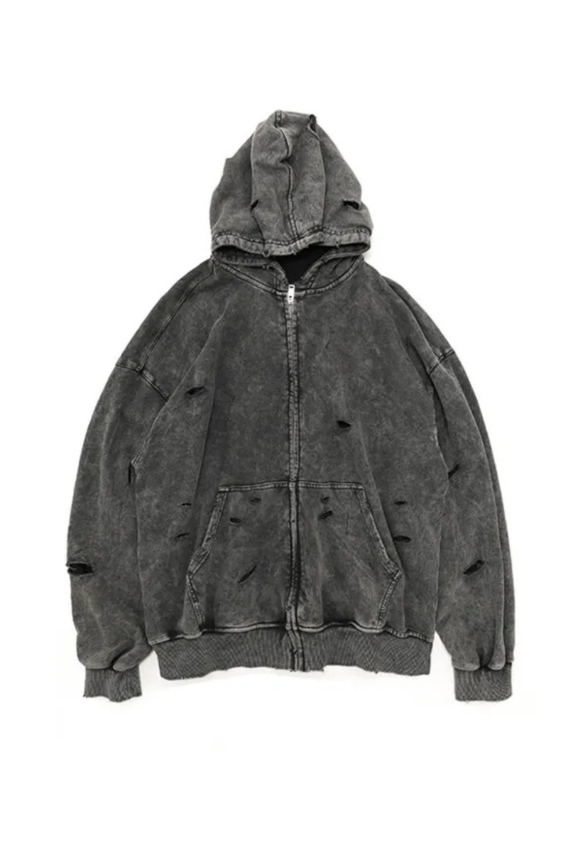 Autumn Winter Ripped Hole Punk Zip Up Hoodies Distressed Sweatshirt