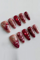 24Pcs Red Almond Bow Heart Designs Press on Nails Patch Wearable Elegant Full Cover Nail Tips