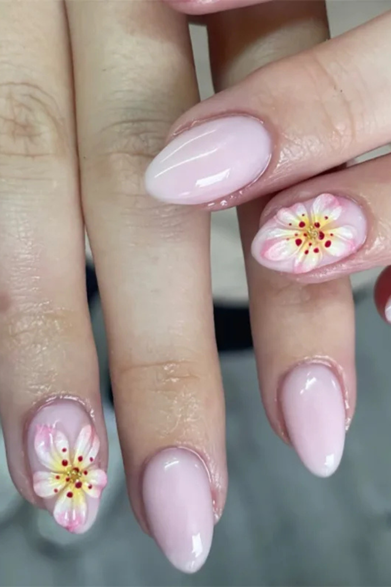 Pink Flowers Metal Bead Wearable Nail Chic Short Almond Press on Nails