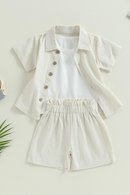 Summer Kids Girl Outfits Solid Color Tops Turn-Down Collar Shirts Elastic Waist Shorts