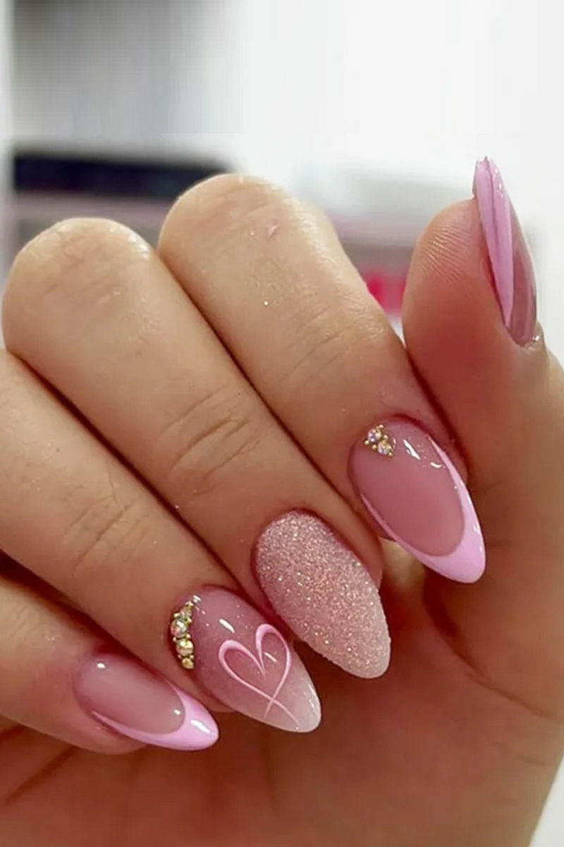 24Pcs Glitter Gradient Love Fake Nails Short Almond French Design Valentine Day Party Pink Press on Nails
