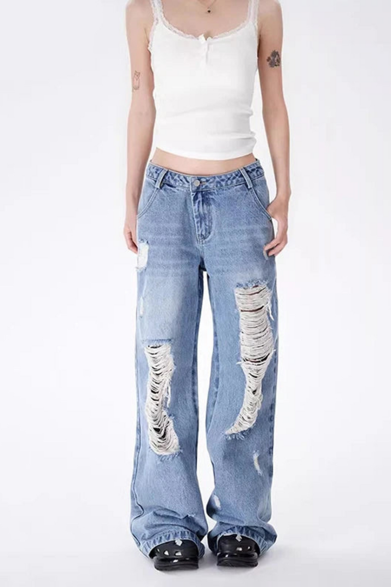 Denim Destroyed Boyfriend Jeans Vintage Wash Wide Leg Denim Pants