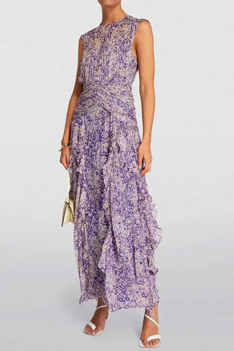 Women Clothing Floral Chiffon Dress Summer Sleeveless Ruffle Pleated Dresses