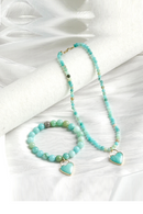 Minimalist Women's Jewelry 4mm Natural Stone Beaded Short Necklace Heart Pendant 8mm Stretch Bracelet