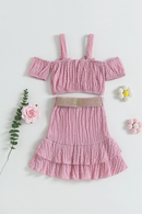 Summer Kid Girls Clothes Off Shoulder Short Sleeve Strap Tops Ruffle Skirt Set Pink Clothes
