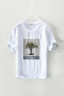 New linen embroidered round neck t-shirt men print-double-fish men t shirts short sleeve solid white tshirt mens camiseta tops