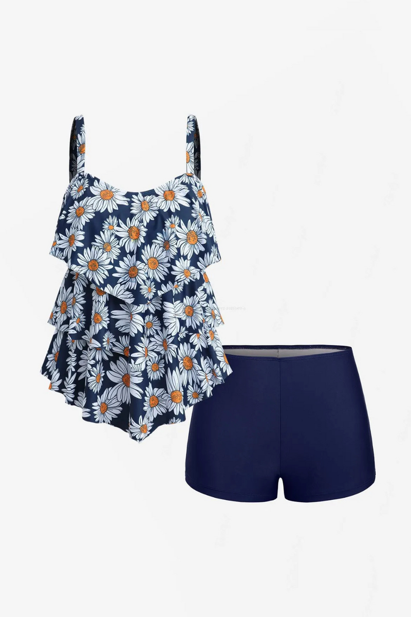 Rosegal Women Flower Layered Boyshorts Tankini Swimsuit