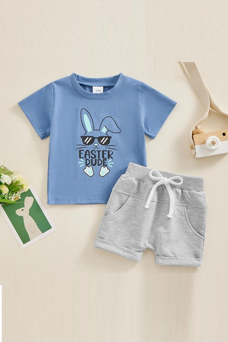 Summer Easter Toddler Boys Outfits Bunny Short Sleeve T-Shirt and Elastic Shorts Clothes Set