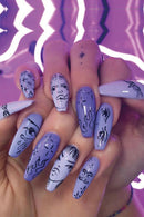 Nails with artistic designs on a purple background, Obroi