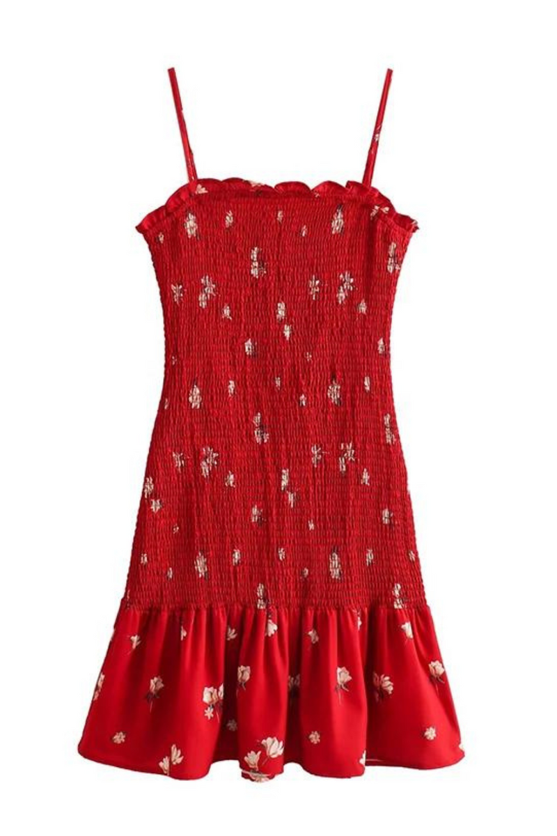 Elegant Women Red Floral Hem Ruffle Elastic Spaghetti Strap Dresses Short Summer