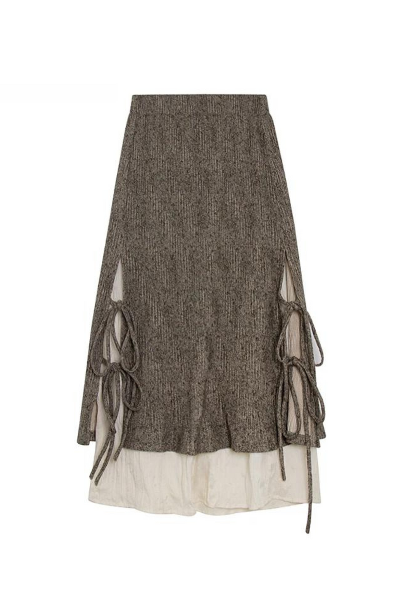 Autumn Winter Skirt Split Hem Lace Up Women Skirts Knotted Tied Chic Design