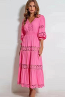 Women Embroidery Flower Lace Patchwork Midi Long Party Dresses Lantern Sleeve Chic