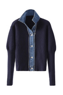 Fall Winter Vintage Woman Denim Patchwork Cardigan Single-breasted Sweater Lapel Knitwear