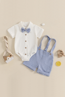 Baby Boy Gentleman Outfit Solid Color Short Sleeve Lapel Neck Romper with Stripe Suspender Shorts and Bowtie