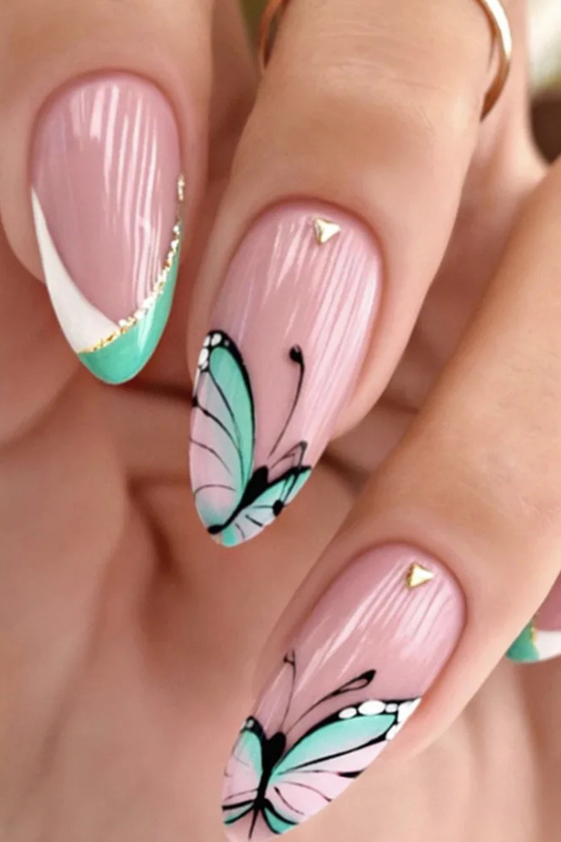 Press-On Nails - Almond Shape Butterfly Mint Green & White Mix Perfect As Gifts for Women and Family Members