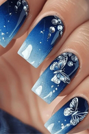24pcs Blue Gradient French False Nails With Butterfly Designs Press On Nails Ballet Diamond Fake Nails Fashion Long Square Nails