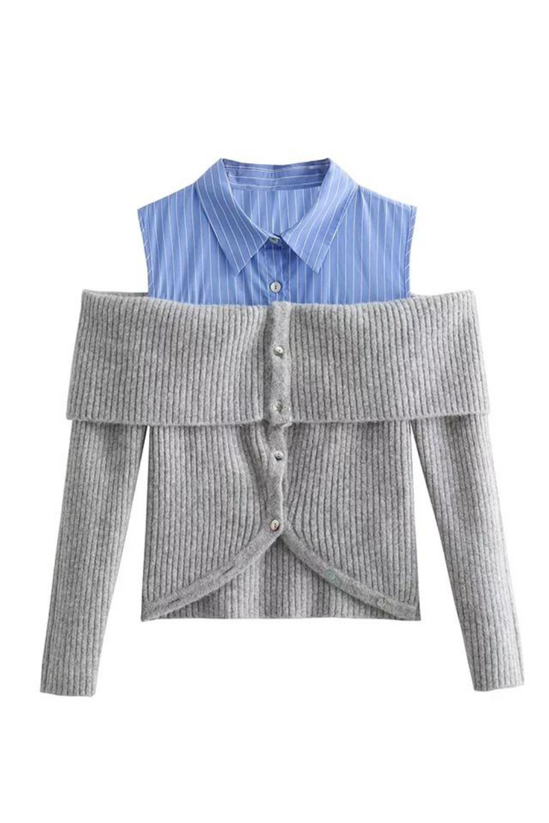 Women Open Design Patchwork Cardigan Vintage Lapel Collar Long Sleeve Female Crop Knitwear