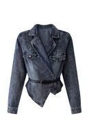 Fall Winter Women Crop Denim Jacket Irregular Design Turn-down Collar Outwear Elegant