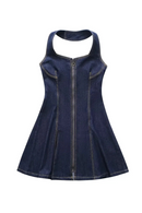 Women Denim Dress Solid Halter Front Zipper Straight Sleeveless Mini Dress Summer Dress