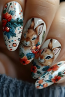Press on Nails Countryside Flower False Nails Ins Cute Rabbit Fake Nail Patches Wearable Full Cover Almond Shaped Press on Nails