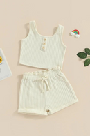 Summer Kids Girl Outfits Buttons Sleeveless Rib Knit Tops Elastic Waist Shorts Clothes Set