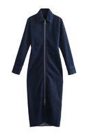 Autumn Female Solid Long Sleeve Denim Lapel Slit At Hem Midi Dress Streetwear Elegant Woman Zipper Long Dresses
