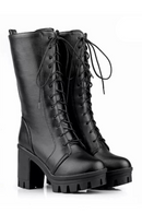 Spring Autumn Lacing Mid Calf Boots Women Square Heels Woman Motorcycle Boot