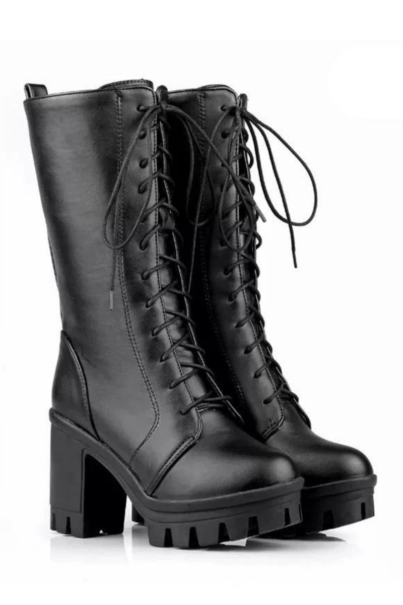 Spring Autumn Lacing Mid Calf Boots Women Square Heels Woman Motorcycle Boot