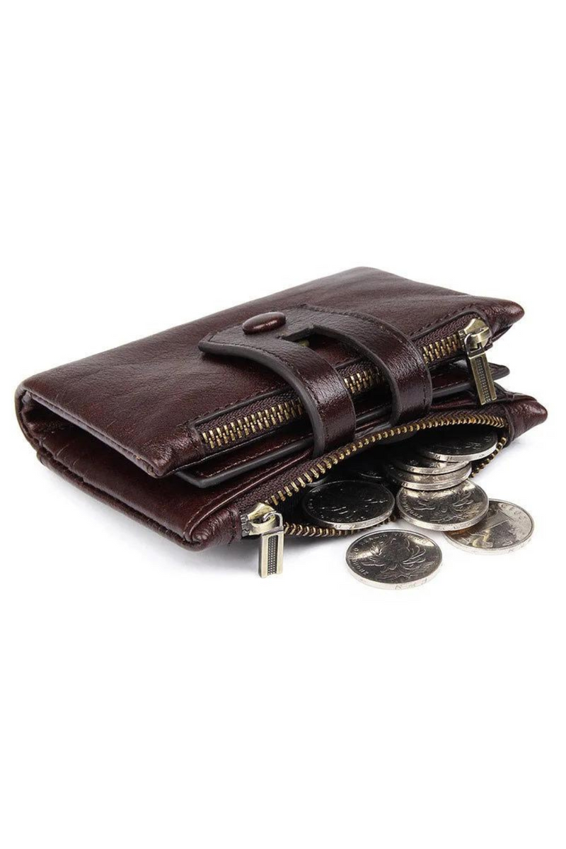 Leather Purse Men Clutch Wallet Double Zipper Card Holders Vintage Genuine Leather Coin pocket Short Wallet