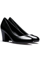 Office Lady Pumps Square Heel Women Black Work Pumps Round Toe Shallow Ladies Bonded Leather