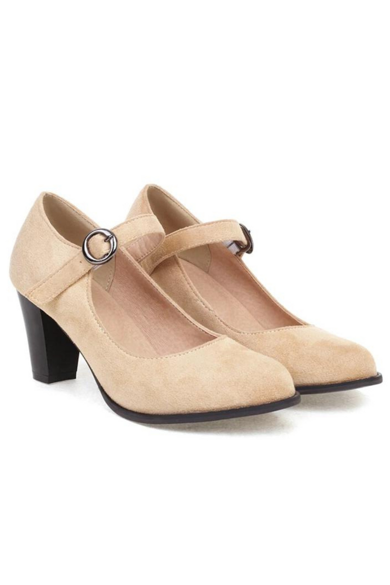 Women Pumps Round Toe Block Heels Flock Buckle Strap Elegant Solid