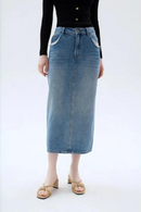 Spring and Summer Skin-friendly Blue Skirt Splicing Cut Pocket Slit Long Denim Skirt Female