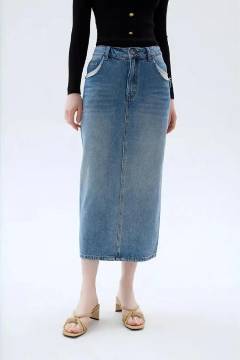 Spring and Summer Skin-friendly Blue Skirt Splicing Cut Pocket Slit Long Denim Skirt Female