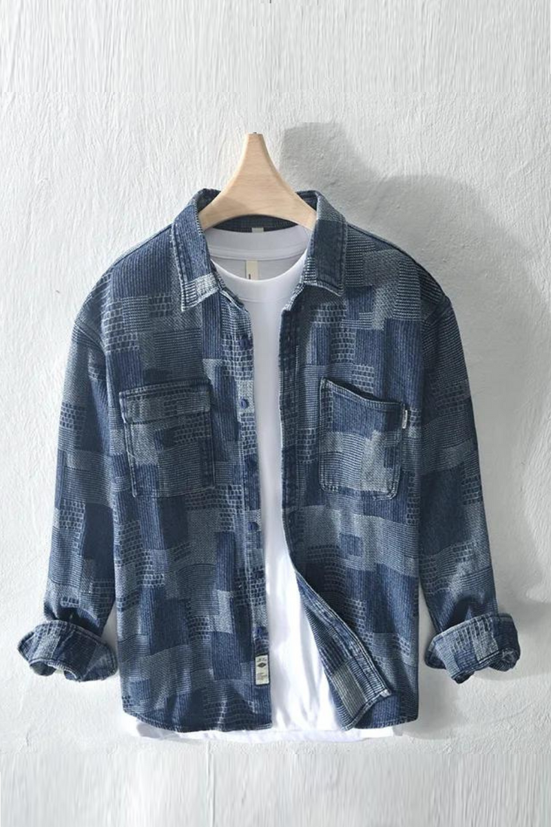 Denim Shirt Men Streetwear Jean Top Jacquard Contrast Plaid Shirt Loose Casual Shirts