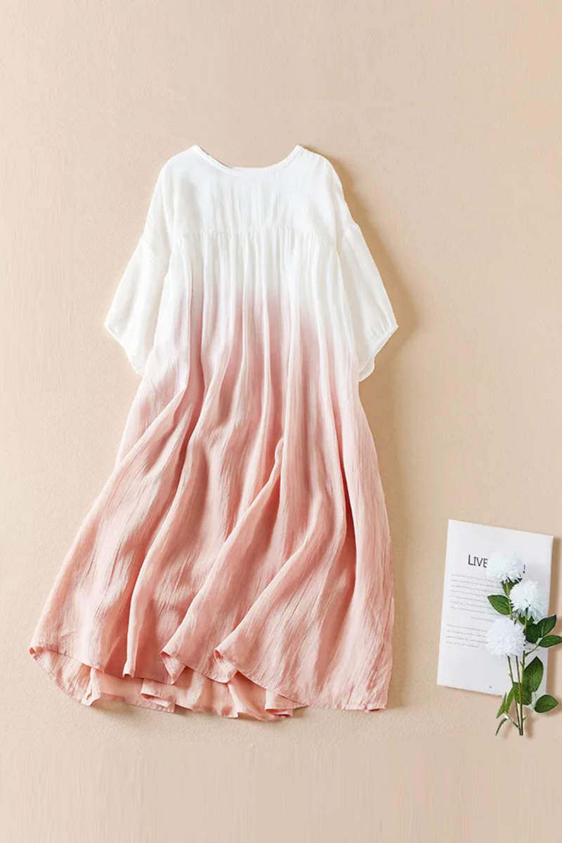 Women Spring Summer Ramie Dress Gradient Design Loose Long Dresses Female Cotton