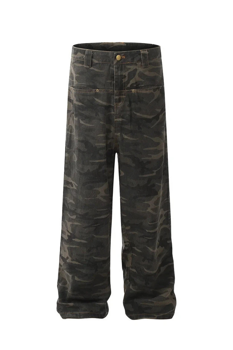Camouflage Cargo Pants Mens with Rivets Safari Style Straight Loose Casual Trousers Men