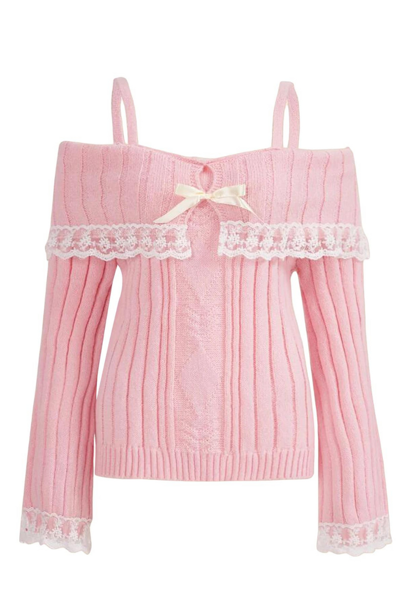 Women Off Shoulder Knit Sweater Solid Color Sweet Pullovers Long Sleeve Bow Lace Patchwork Cute Jumpers Club Streetwear