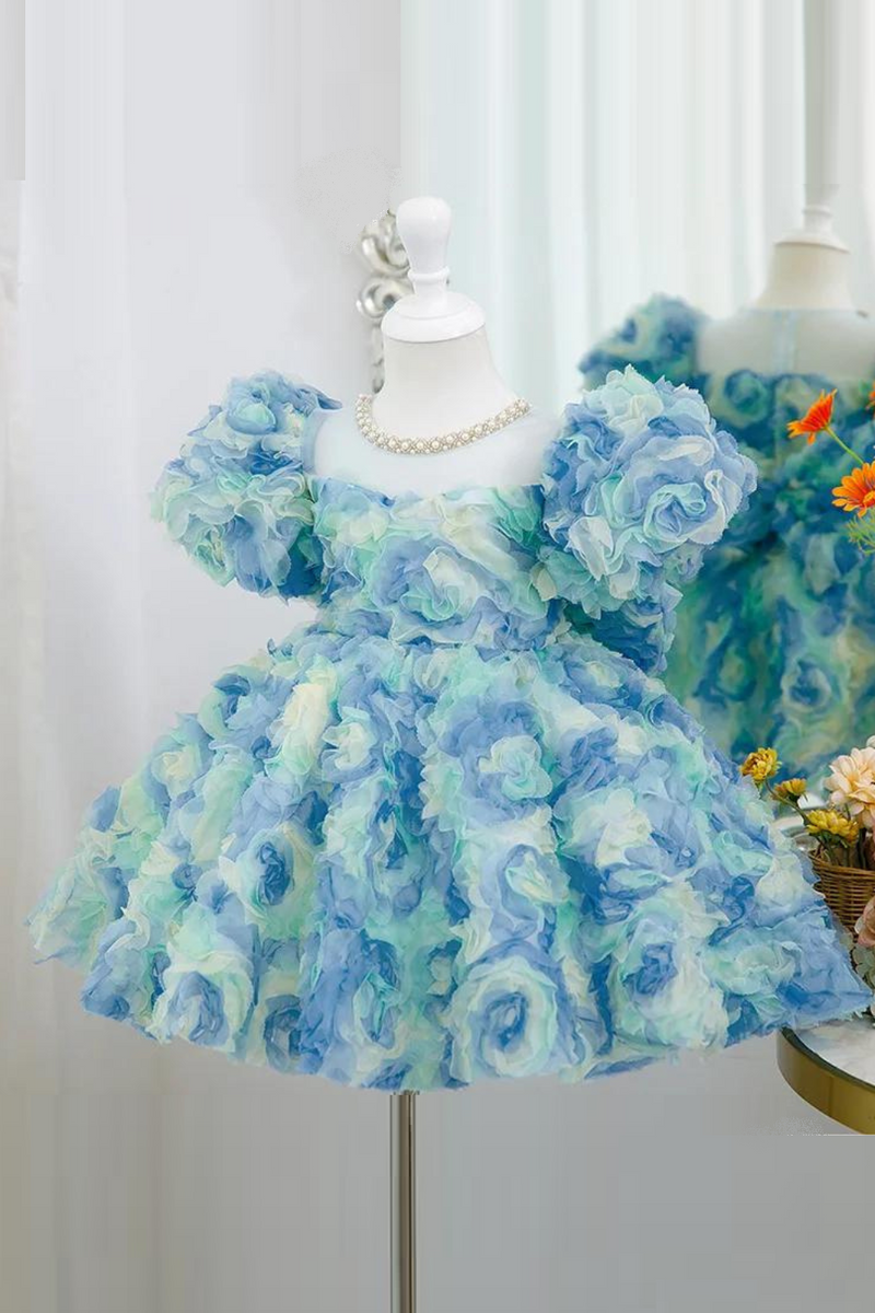 Children's Summer Dress Birthday Party Rose Bubble Sleeve Girls Princess Dress Puffy Dress