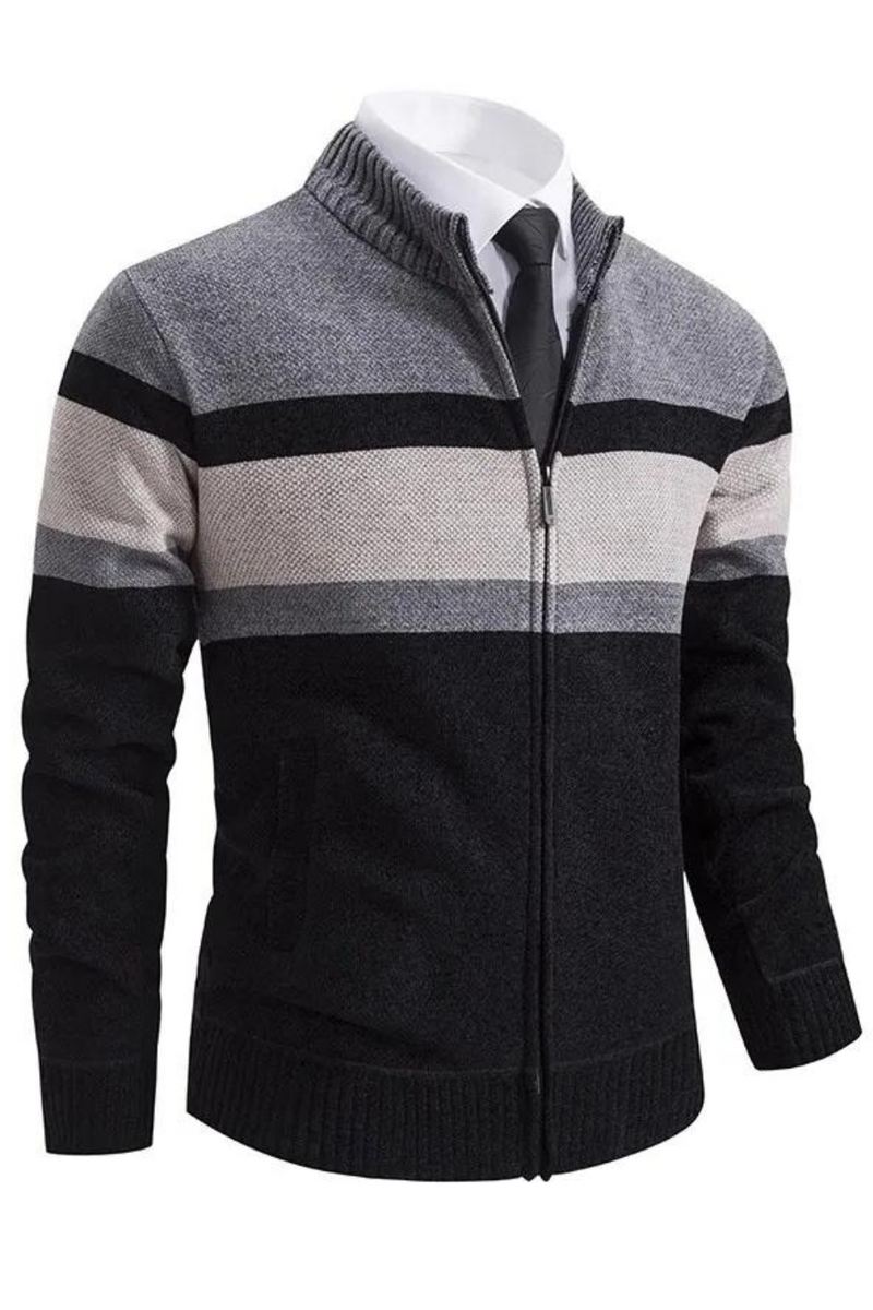 Autumn Winter Striped Cardigan Men Slim Knitted Sweaters Outerwear Mens Stand Collar Zipper Knitting