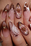 Nails for women girls Gradient brown blue embossed flowers fall winter almond tips press on false nail
