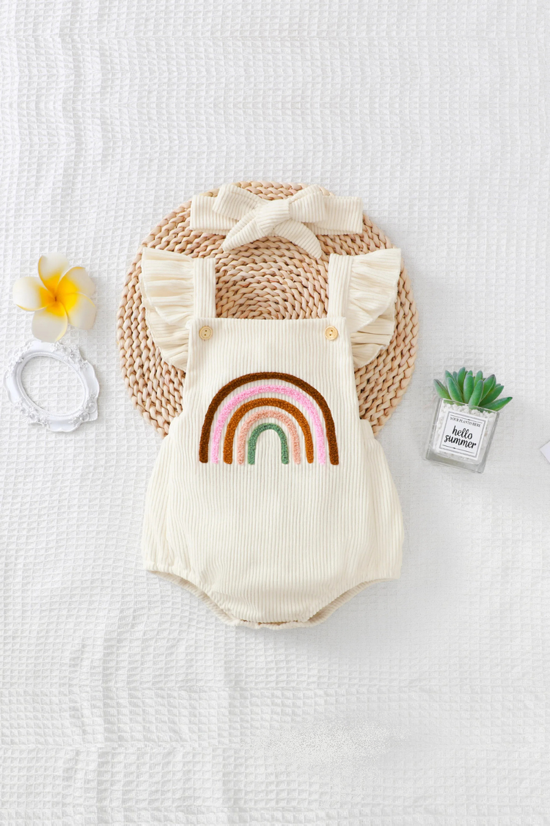 Baby Girls Rainbow Embroidered Romper with Ruffle Straps & Headband Summer Outfit