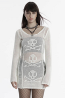 Women Punk Skull Design Weaving Structure Knit Dress Decadent Long Sleeves Short Dresses