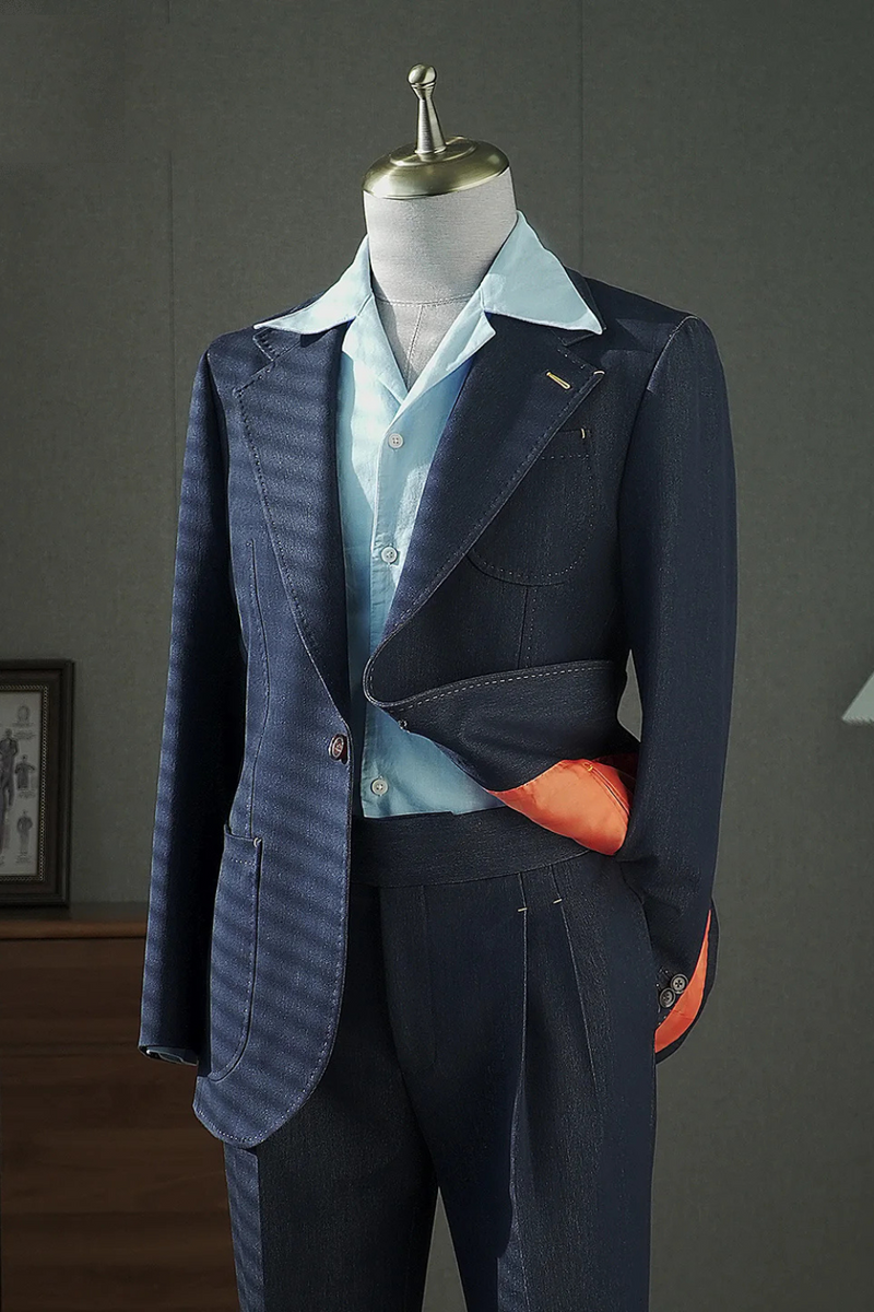 Men's Denim Suit 2 piece Contrast Casual Blazer Naples Trousers Men's