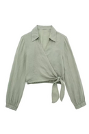 Summer Casual Women Blouse Wrap Linen Shirt Vintage Female Crop Top Short