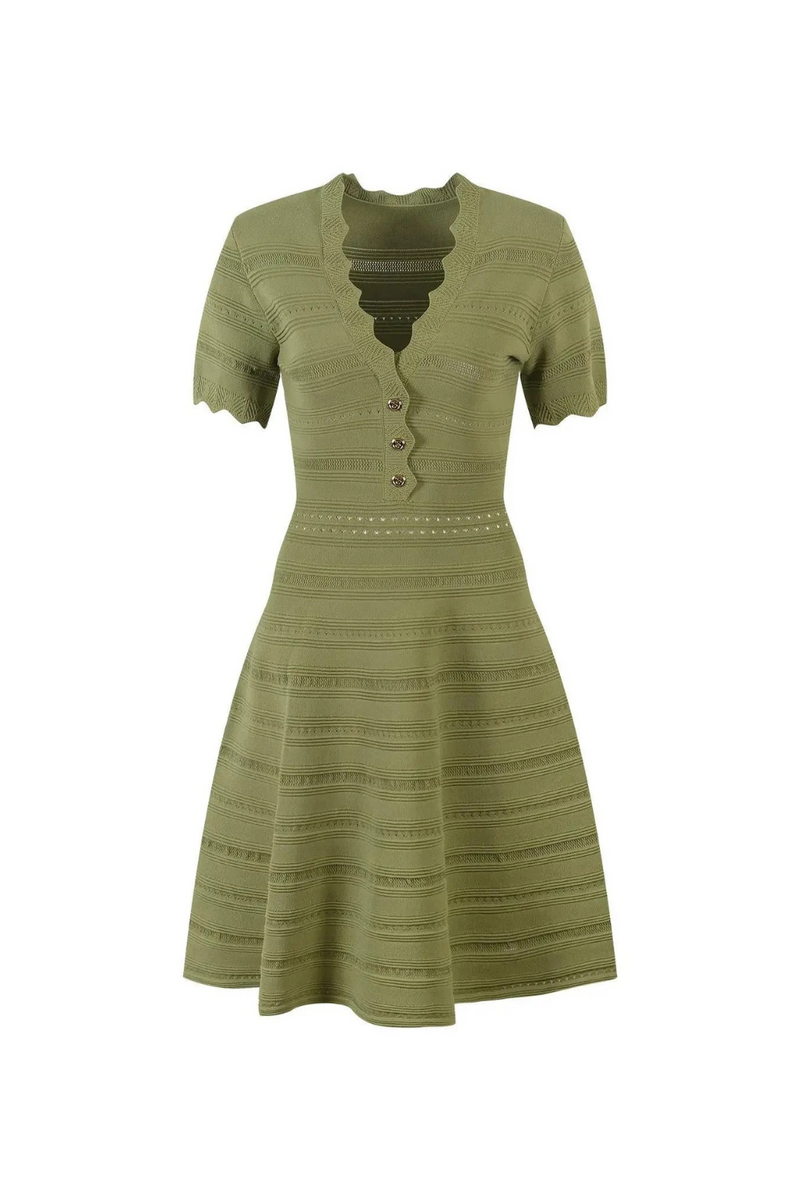 Lady Hollow Out Cloth V-neckline Short Sleeve Fit And Flare Women Solid Short Mini Knits Dress