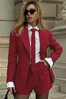 Elegant Red Women Two Pieces Set Blazers And High Waisted Simple Shorts Sets